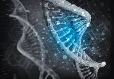 Dna molekülü araştırma kavramı, 3d render ile arka plan