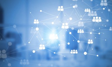 Modern ofis bulanık arka plan, ağ kavramı noktalı çizgiler bağlı 