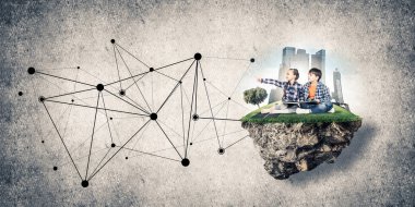 kitap üzerinde yüzen ada, eko kavramı oturan çocuklarla