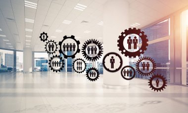 Cogwheels ve dişli mekanizması olarak sosyal iletişim kavramı ofis iç, 3d render