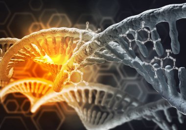 Dna molekülü araştırma kavramı, 3d render ile arka plan