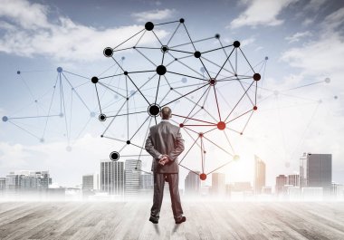 İşadamı arkasını kolluyor ve ağ çizimi kavramına bakıyor