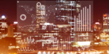 Gece parlayan şehre karşı sanal arayüzü olan arkaplan kavramsal görüntüsü