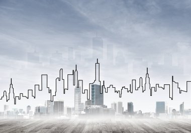 Elle çizilmiş siluet modern şehir manzarasının üzerinde kuleler ve gökdelenlerle