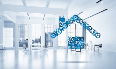  office ile bağlı vites ev işareti arka plan, gayrimenkul veya inşaat kavramı, 3d render iç yaptı