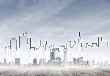 Elle çizilmiş siluet modern şehir manzarasının üzerinde kuleler ve gökdelenlerle