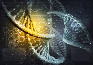 Dna molekülü araştırma kavramı, 3d render ile arka plan