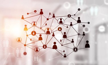 Modern ofis bulanık arka plan, ağ kavramı noktalı çizgiler bağlı 