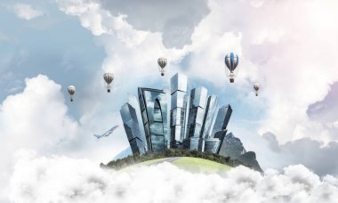 Kent manzaralı kule ve gökdelen bulutlar arasında yeşil uçan ada. Aerostates ve mavi bulutlu gökyüzü arka plan üzerinde uçan. 