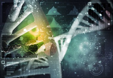 Dna molekülü araştırma kavramı, 3d render ile arka plan