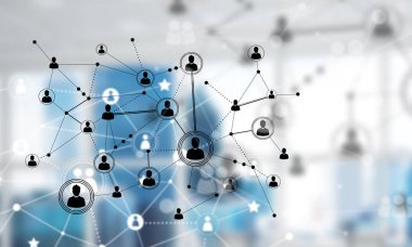 Modern ofis bulanık arka plan, ağ kavramı noktalı çizgiler bağlı 