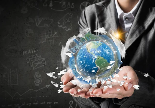 Closeup Businessman Suit Keeping Hands Earth Globe Buildings Flying Paper — Stock Photo, Image