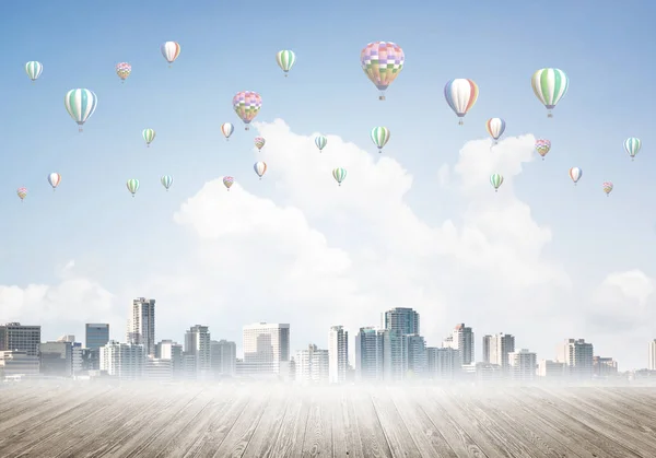 Modern Cityscape Buildings Skyscrapers Covered Fog Balloons Sky — Stock Photo, Image