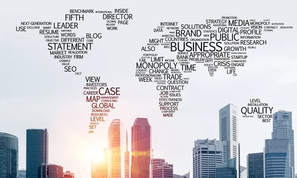 Business Relaterade Termer Collage Form Världskartan Med Moderna Stadsbilden Och — Stockfoto