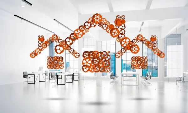 house signs made of connected gears with office interior on background, Real estate or construction concept, 3d rendering