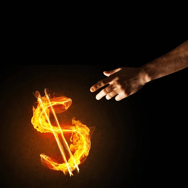 Close Man Hands Pointing Fire Glowing Dollar Sign — Stock Photo, Image