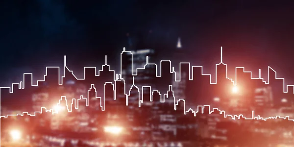 Modern Night City Scape Glowing Lights Its Drawn Silhouette — Stock Photo, Image