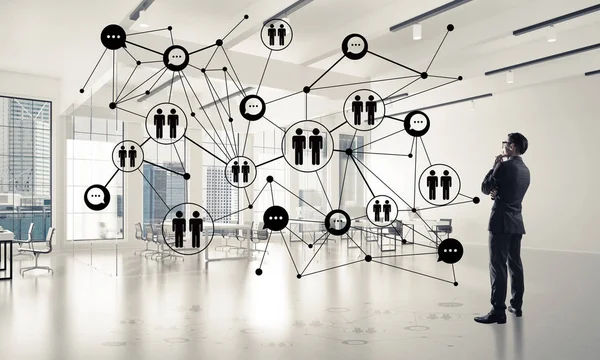 Zarif işadamı 3d ofis iç ve sosyal bağlantı kavram, karışık teknik