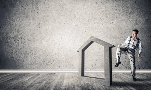 Determined Businessman Going Break Kick House Concrete Figure — Stock Photo, Image