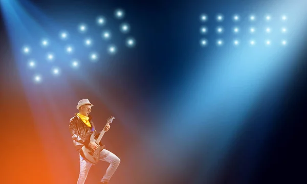 Young Man Rock Musician Guitar Lights Stage — Stock Photo, Image