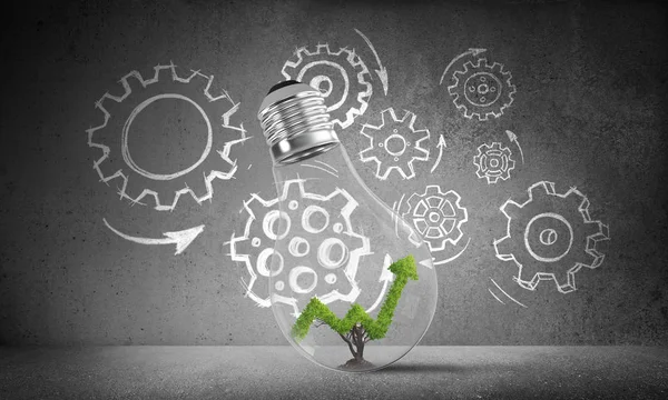 Yeşil ok Grafik taslağı dişli mekanizması üzerinde gri arka plan, 3d render duvara karşı büyüyen ile ampul içinde yer