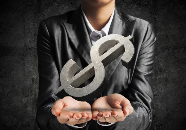 Cropped Image Businessman Suit Presenting Gray Concrete Dollar Sign His — Stock Photo, Image