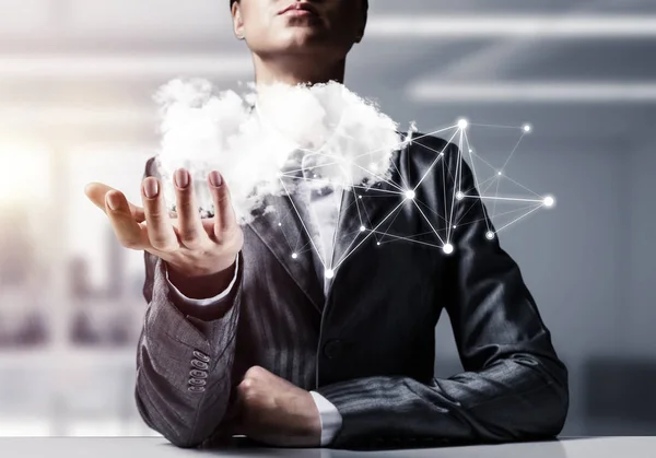 Homme Affaires Costume Garder Cloud Avec Des Connexions Réseau Dans — Photo