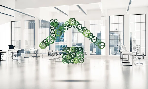 house sign made of connected gears with office interior on background, Real estate or construction concept, 3d rendering