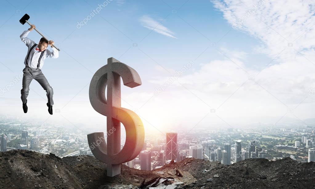 businessman jumping and crashing with hammer big dollar symbol with city view and sunlight on background, 3D rendering
