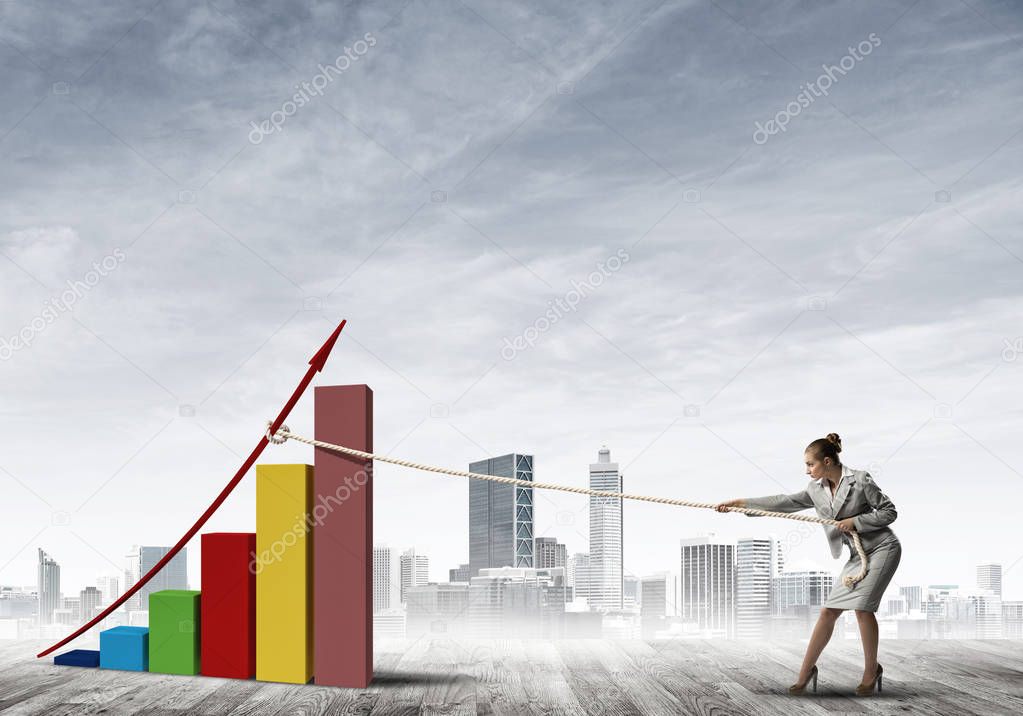 Businesswoman pulling graph with rope as concept of power and control