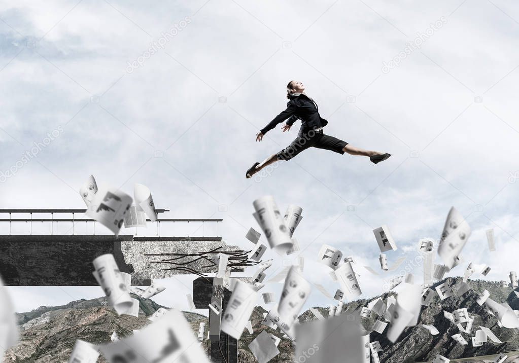 Businesswoman  jumping over gap in bridge among flying papers as symbol of overcoming challenges. Skyscape and nature view on background. 3D rendering.