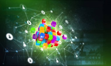 Dijital Küp şekil ve sosyal bağlantı çizgileri koyu arka plan, Internet kavramı ve ağ, 3d render