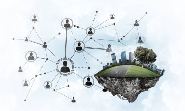 Gökyüzünde yükselen çimen ve şehir manzaralı güzel küçük bir ada.