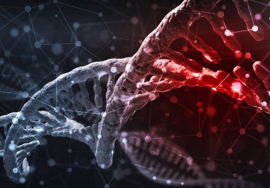 Dna molekülü araştırma kavramı, 3d render ile arka plan