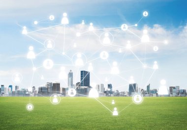 Modern şehir manzarası yeşil çimenler ve sosyal bağlantı konsepti ekranda