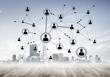 Ahşap zemin ve ekranda sosyal bağlantı kavramı ile ağ ile modern cityscape