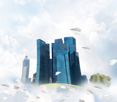 Gökyüzünde bulutların üzerinde yüzen binalar ve gökdelenlerle modern şehir manzarası