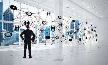 Zarif işadamı 3d ofis iç ve sosyal bağlantı kavram, karışık teknik