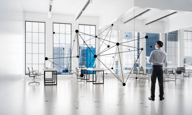 Modern ofis iç sosyal bağlantı kavramı, karışık teknik ile zarif işadamı