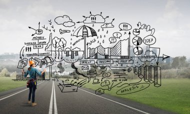 Açık havada mühendis kadının arka planı ve ekrana konsept çizimi