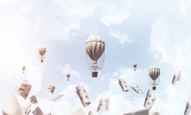 Renkli aerostats kağıt belgeler arasında ve mavi bulutlu gökyüzü üzerinde uçan. 3D render.