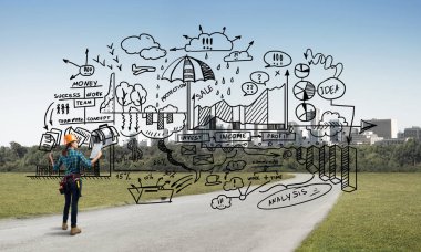 Açık havada mühendis kadının arka planı ve ekrana konsept çizimi