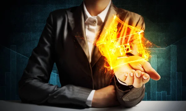 Closeup Businessman Black Suit Keeping Flaming House Symbol Hands Dark — Stock Photo, Image