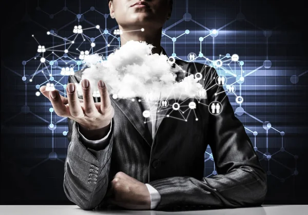 Businessman Suit Keeping Cloud Network Connections Hand Network Systems Background — Stock Photo, Image