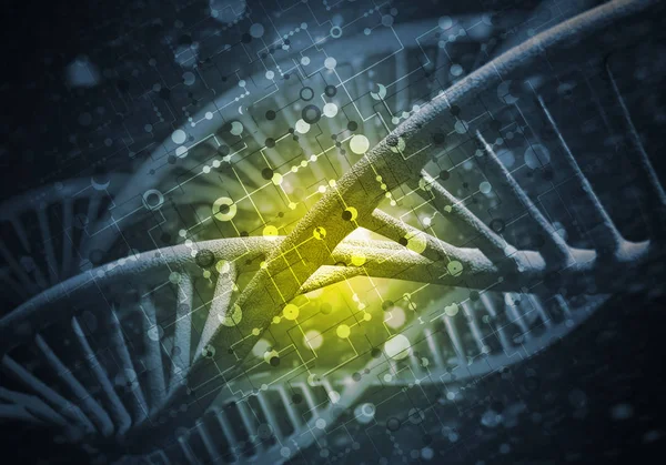 Dna molekülü araştırma kavramı, 3d render ile arka plan