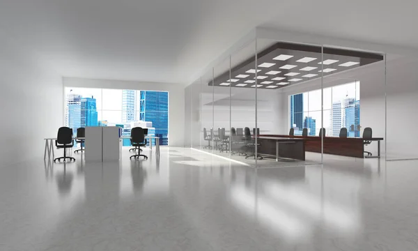 Modern empty elegant office with windows and workplaces, Mixed media