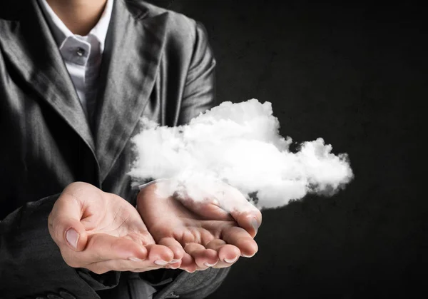 Close Upof Business Woman Suit Presenting White Cloud Hands Dark — Stock Photo, Image