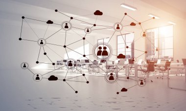 Noktalarla bağlantılı çizgiler ofis içi sosyal iletişim konsepti olarak. 3B görüntüleme