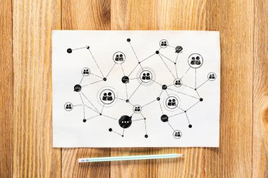 İnsan kaynakları yönetimi kalem el insan simgeleri ve kavşaklar ile çizilmiş. Ahşap yüzeyde iş alım krokisi. Ahşap masa üzerinde yatan beyaz kağıt ve kalem ile işyeri üst görünümü