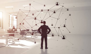 3D ofis içi ve sosyal bağlantı kavramındaki zarif iş adamı. Karışık ortam